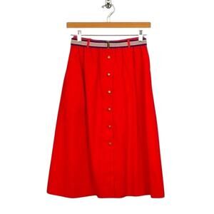 Vintage Snap Button Front Midi Skirt Red Fits Size Small Detachable Stripe Belt